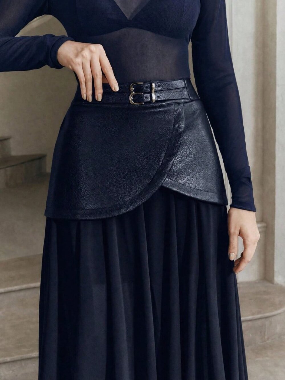 Navy Blue Casual Women's Scallop Belted Draped Flared Chiffon Long Skirt